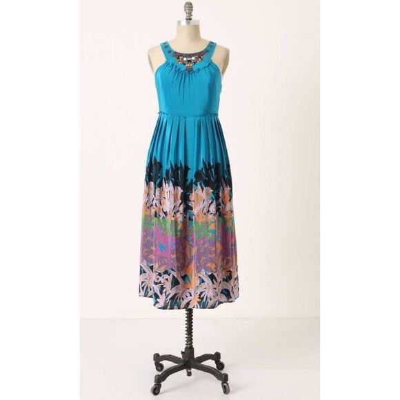 Anthropologie Moulinette Sours Boho Vacation Beaded Blue Silk Midi Dress Women 2
